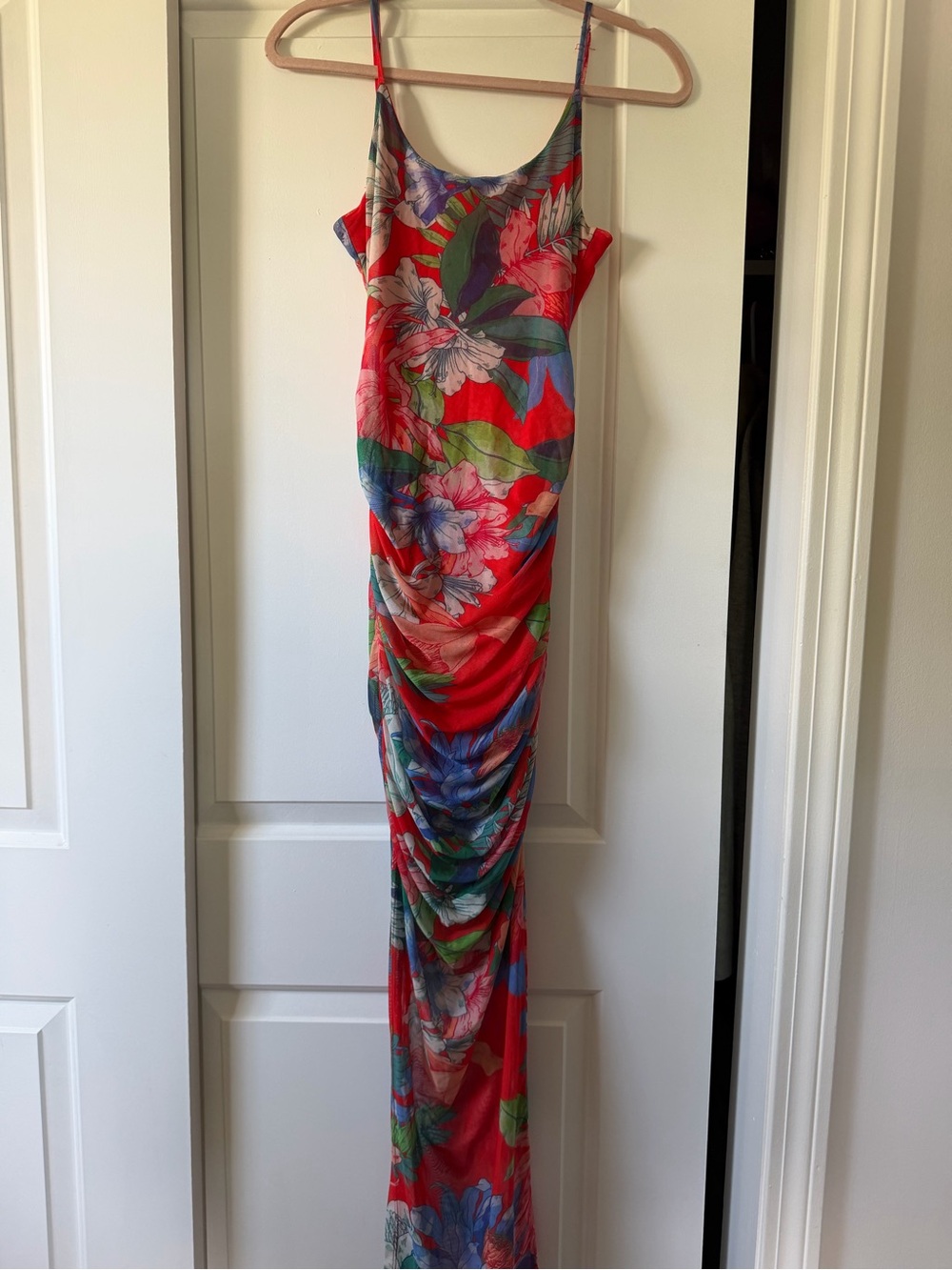 Floral Red Spaghetti-Strap Maxi Dress